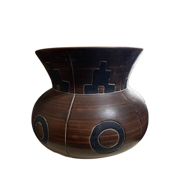 VTG Armando De Mexico Aztec Design Pottery Vessel Pot 7" Tall 7" Wide - Picture 4 of 5